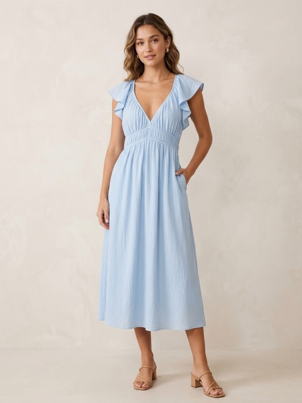 Calvin Klein Powder Blue V-Neck Midi Dress with Flutter Sleeves